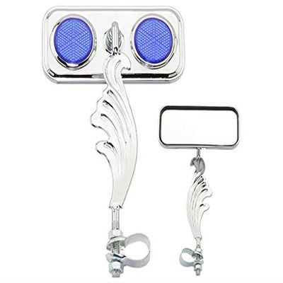 Chrome Rectangle Wing Bike Mirror Right with Blue Reflectors. Bike mirror, bicycle mirror, bike accessory, bicycle accessory.