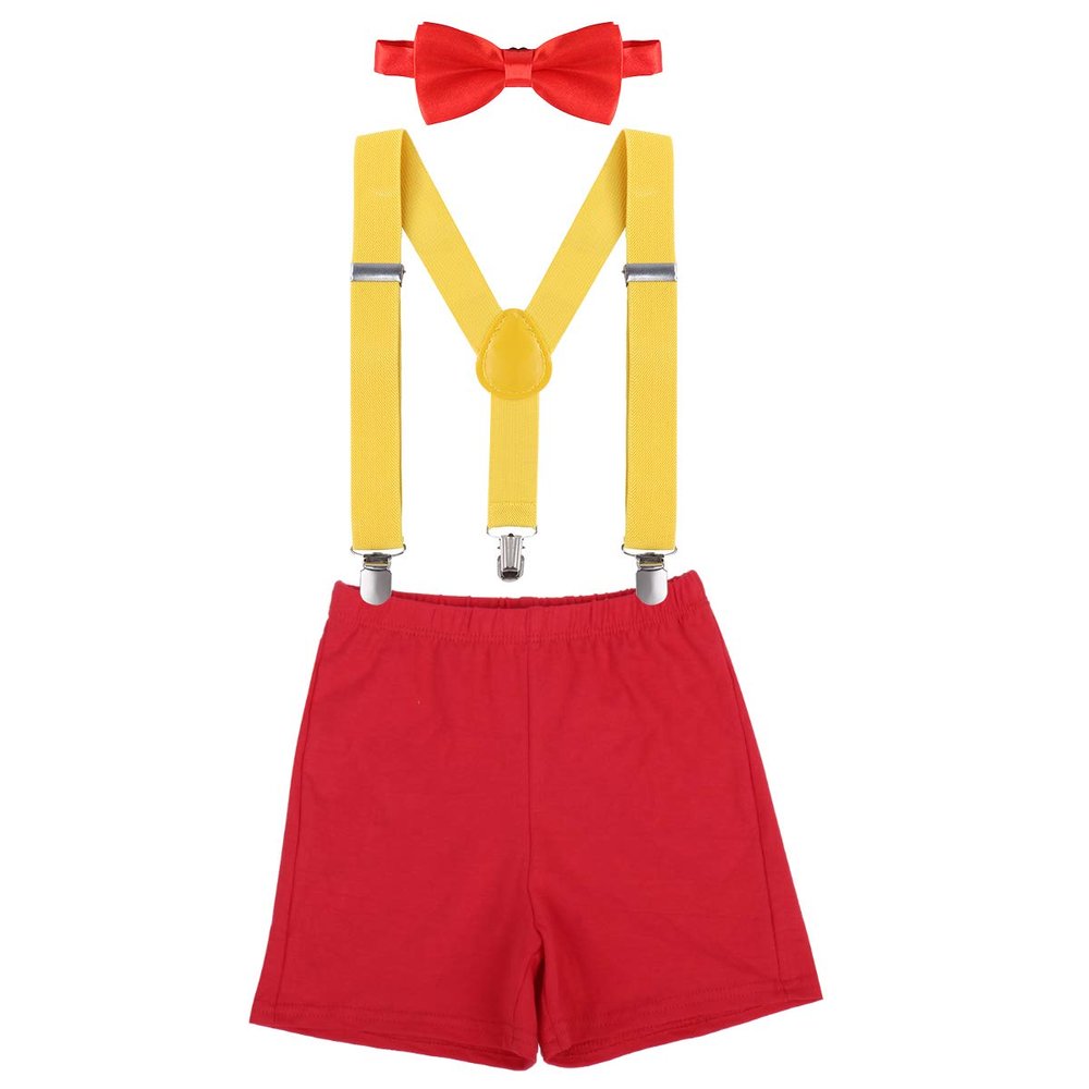 IBTOM CASTLE Toddler Baby Boy Clothes Set 1st Birthday Cake Smash Bowtie Suspenders Pants 3pcs Outfits Diaper Nappy Cover Christening Clothes Red+Yellow