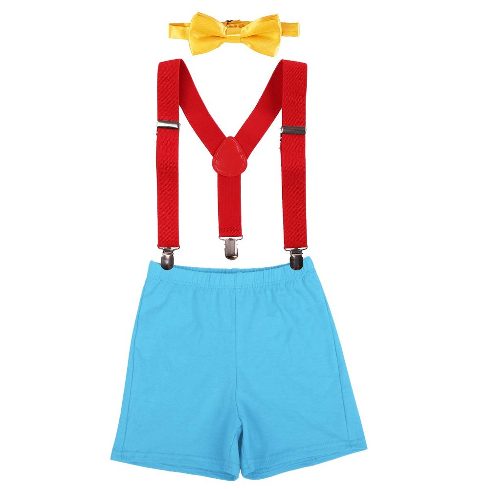 IBTOM CASTLE Toddler Baby Boy Clothes Set 1st Birthday Cake Smash Bowtie Suspenders Pants 3pcs Outfits Diaper Nappy Cover Christening Clothes Blue+Red