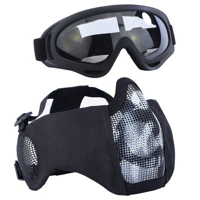 AOUTACC Airsoft Protective Gear Set, Half Face Mesh Mask with Ear Protection and Tactical Goggles for Adult Men Women BBS Paintball Shooting CS Survival Games Cosplay (WB)