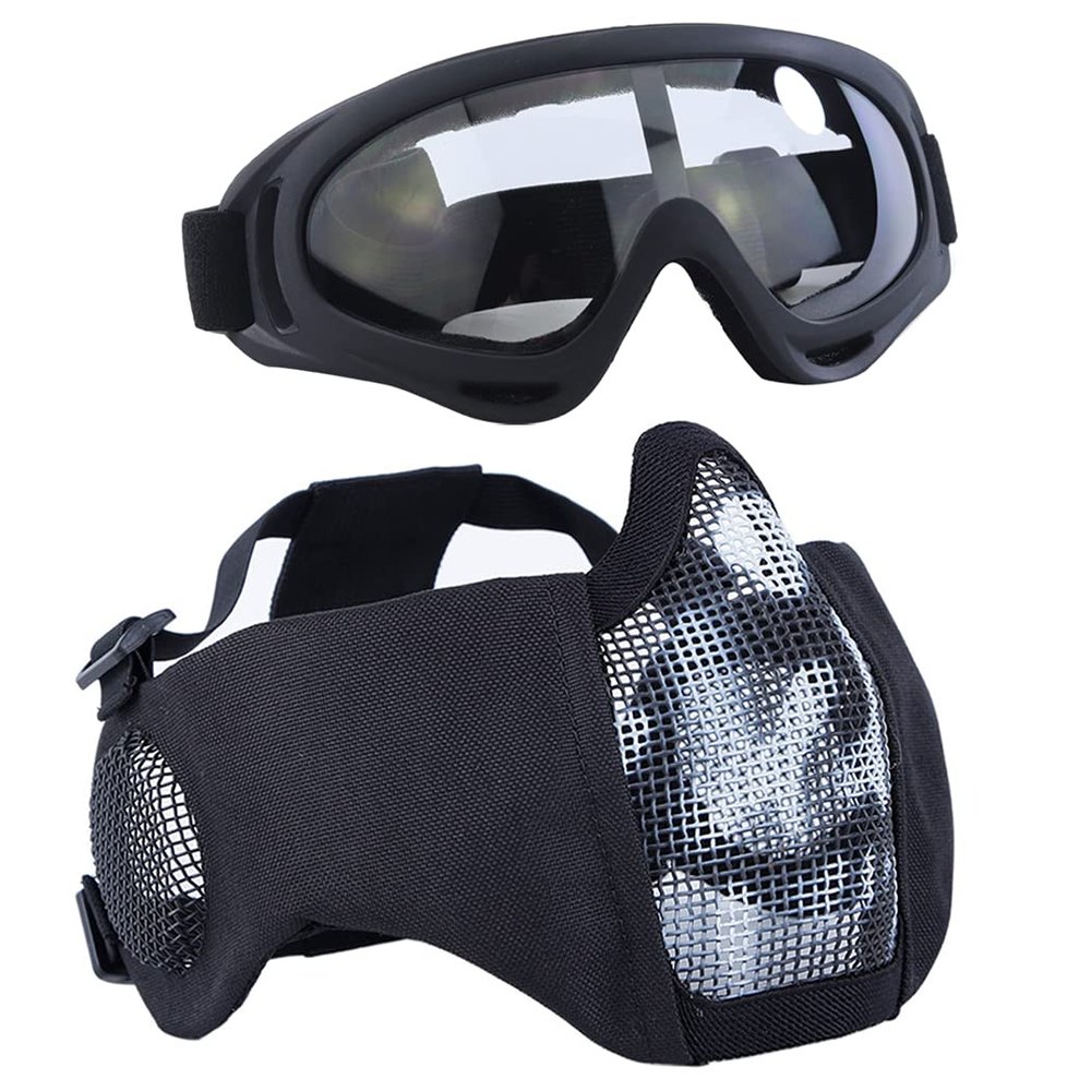 AOUTACC Airsoft Protective Gear Set, Half Face Mesh Mask with Ear Protection and Tactical Goggles for Adult Men Women BBS Paintball Shooting CS Survival Games Cosplay (WB)