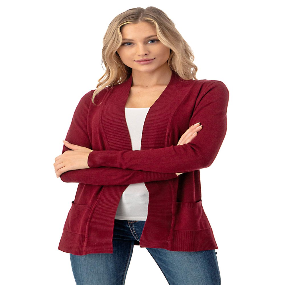 The Simpli Women's Open Long Cardigan Sweater with Pockets Burgundy S