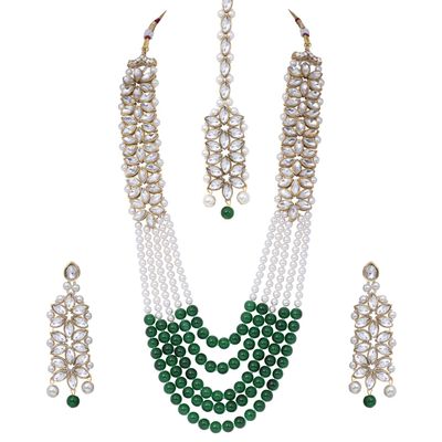 Aheli Classy Faux Kundan Beaded Pearl Long Necklace with Maang Tikka Set Indian Ethnic Wedding Bridal Jewelry Gift for Women