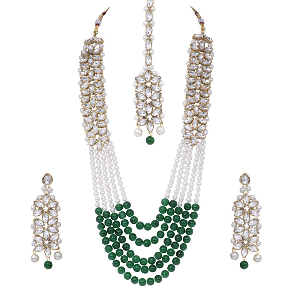 Aheli Classy Faux Kundan Beaded Pearl Long Necklace with Maang Tikka Set Indian Ethnic Wedding Bridal Jewelry Gift for Women