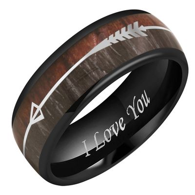 CROWNAL 8mm Black Tungsten Koa Wood Zebra Wood Arrows Inlay Vikings Hunting Ring Band Engraved I Love You Size 5 To 17 (8mm,11)