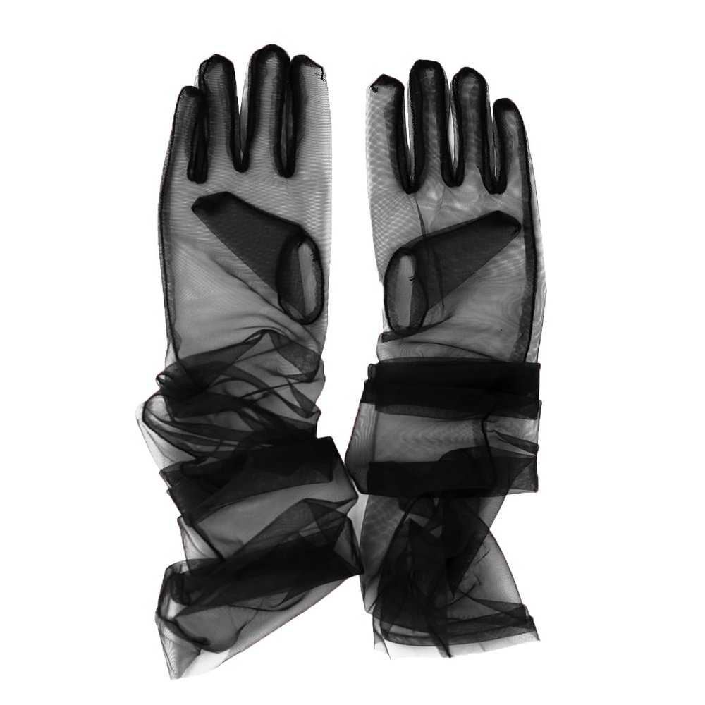QRBTSCL Women's Wedding Bridal Mesh Tulle Gloves Long Opera Costume Party Glove 27" Elbow Length Sheer Gloves Black