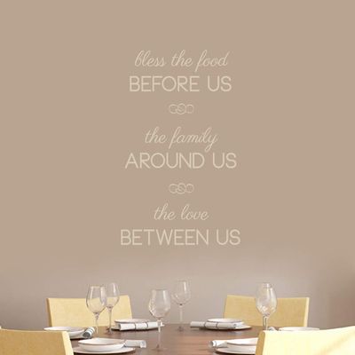 Bless The Food Before Us Wall Decal, Kitchen and Dining Room Wall Quote Sticker | 22" Wide x 36" Tall | Light Beige | Select Your Color