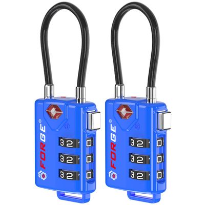 Bright Colors, TSA Approved Cable Luggage Locks 2 Pack Blue, Re-settable Combination with Alloy Body