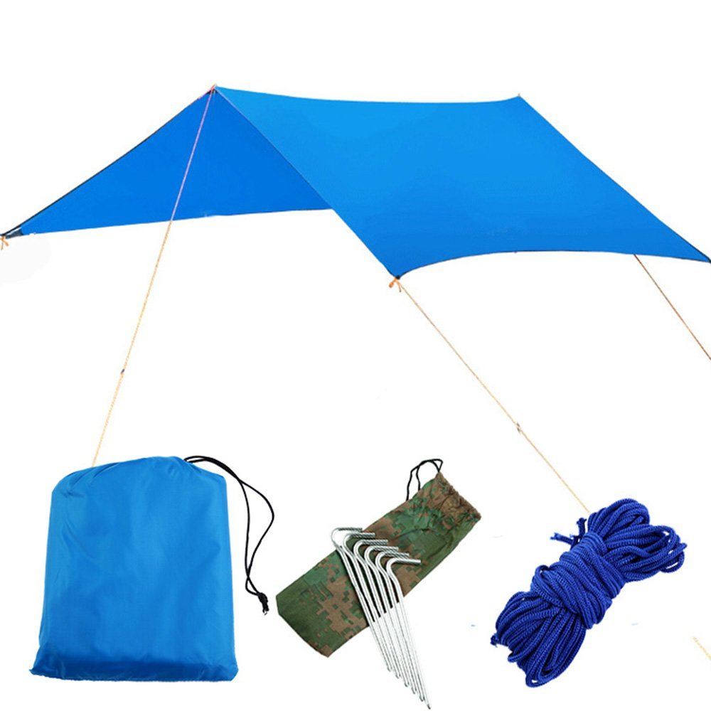 KOSSJAA Camping tarp with Poles Rain Fly Tent Tarp 3m x 3m Lightweight Camping Shelter Hiking Tent Tarpaulin (Blue, 300 cm x 300cm(118 x 118 inch))