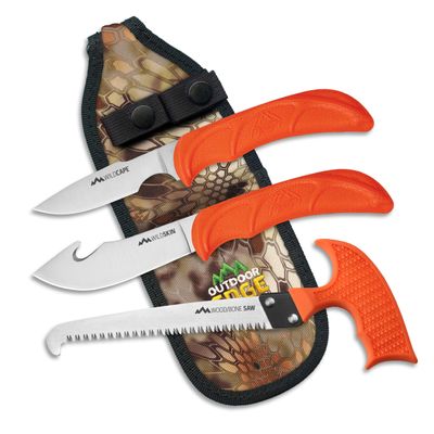OUTDOOR EDGE WildGuide 4-Piece Hunting Knife Set & Field Dressing Kit | Featuring Razor-Sharp Caping Blade, Gut-Hook Skinning Knife, Bone Saw, in a Camo Nylon Belt Sheath | Butcher Knife Set for Deer