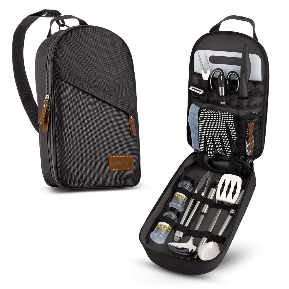17 Pieces Camp Kitchen Cooking Utensil Set Travel Organizer Grill Accessories Portable Compact Gear for Backpacking BBQ Camping Hiking Travel Cookware Kit Water Resistant Case (Black)