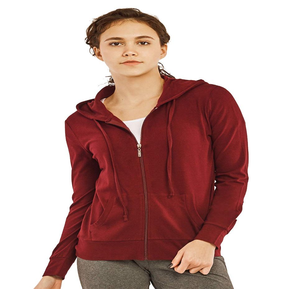Women's Zip Up Cotton Light Hoodie Jacket (L, Burgundy)