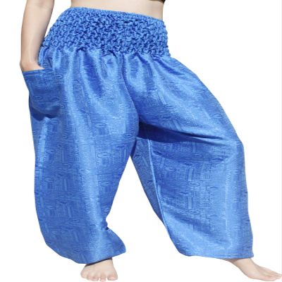 RaanPahMuang Textured Thai Silk Smock Waist MC Hammer Dance Pants with Pocket, Medium, Azure Blue