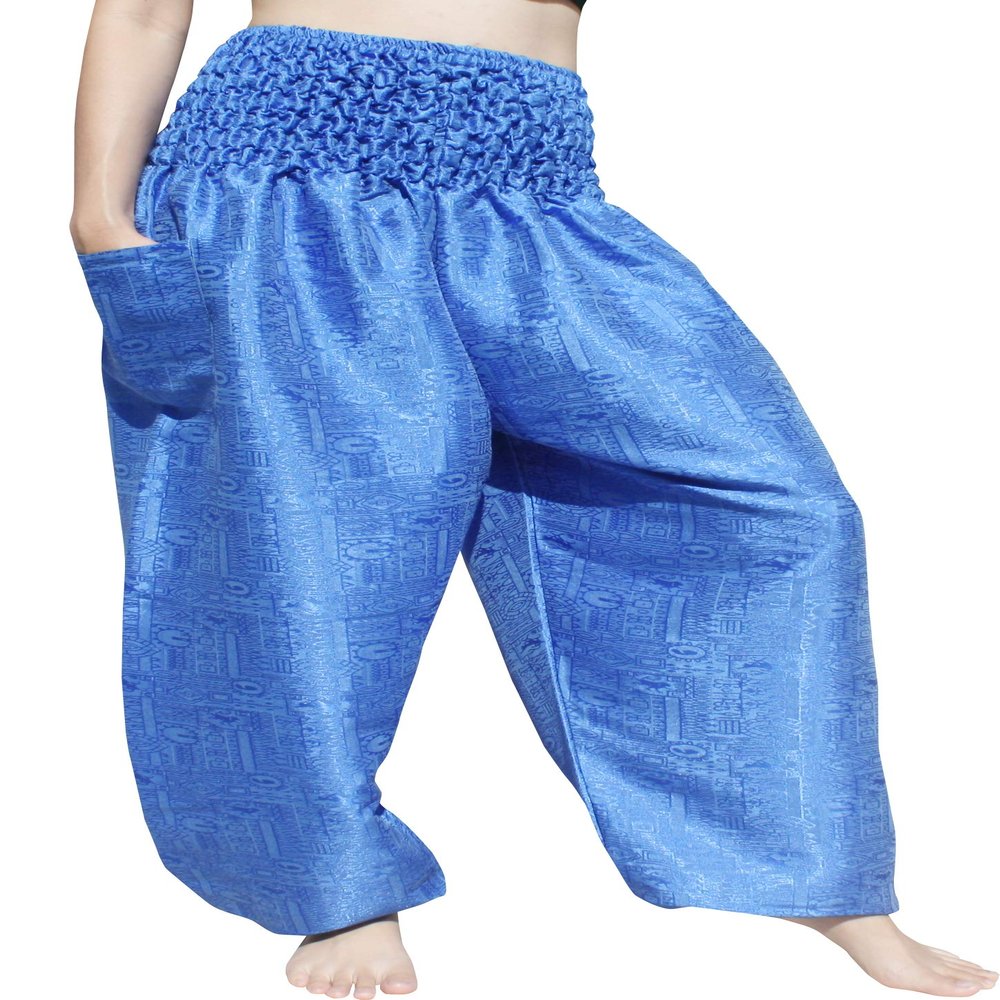RaanPahMuang Textured Thai Silk Smock Waist MC Hammer Dance Pants with Pocket, Medium, Azure Blue