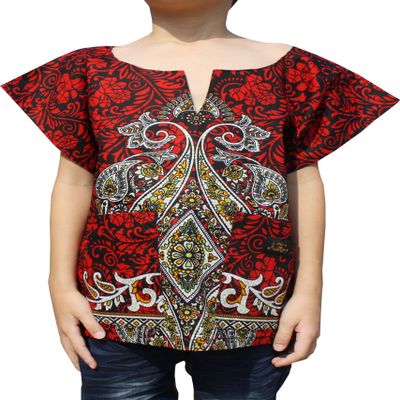 RaanPahMuang Branded Indian Paisley Dashiki Short Sleeve Shirt, 6 Years-8 Years, African Paisley - Turkey Red