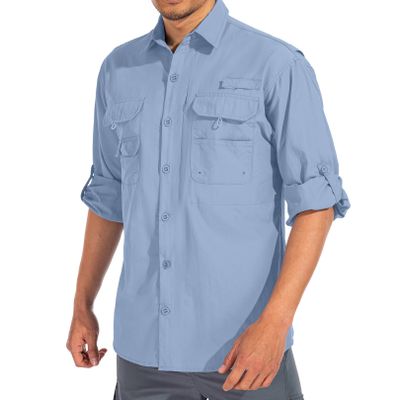 Mens Safari Shirts Long Sleeve UV Protection Hiking Fishing UPF 50+ Quick Dry Cooling Camping Travel Shirts#5066-Blue-XL