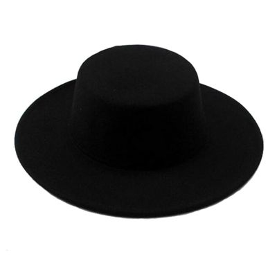 1PCS Black Classic Flat Top Blend Fedora Hat Brim Church Derby Cap for Unisex Men Women Head Circumference 22-22.8in