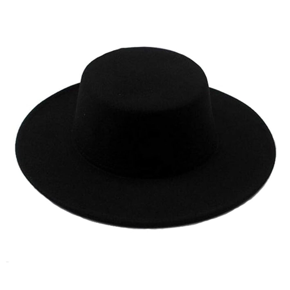 1PCS Black Classic Flat Top Blend Fedora Hat Brim Church Derby Cap for Unisex Men Women Head Circumference 22-22.8in