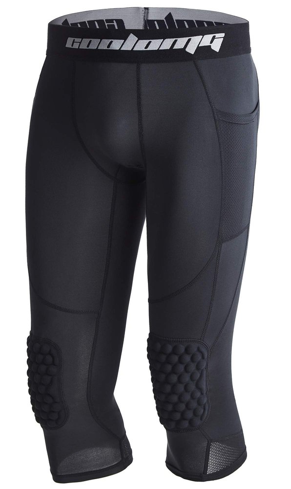 COOLOMG Basketball Pants with Knee Pads Kids 3/4 Compression Tights Black S