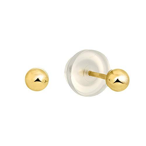 14k Real Yellow Gold Stud Ball Earrings, Silicone Pushbacks - 3 mm