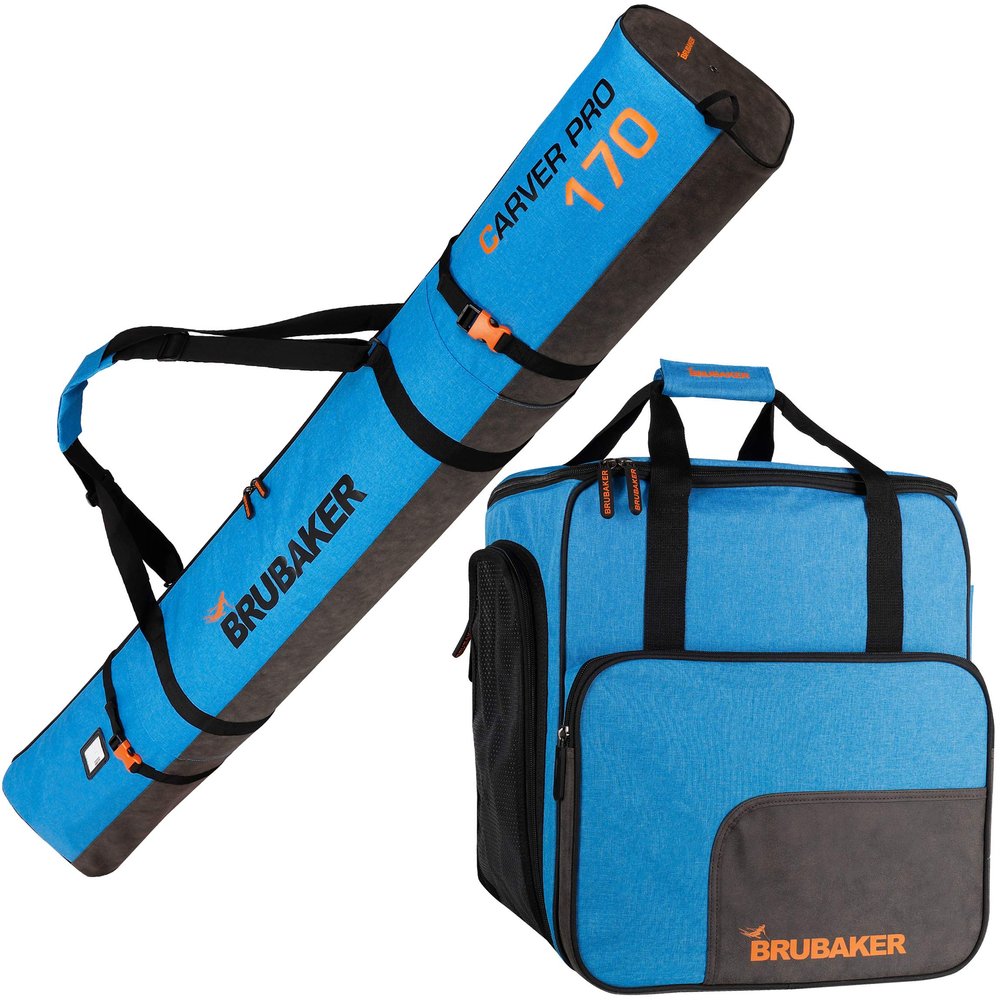 BRUBAKER Combo Set Carver Performance - Ski Bag and Ski Boot Bag for 1 Pair of Skis + Poles + Boots + Helmet - Blue Black - 66 7/8 Inches / 170 Cm