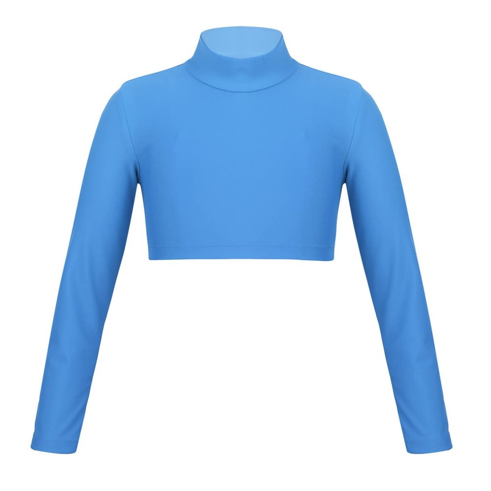 Agoky Children's Nylon Dance Tank Long Sleeved Polo Neck Crop Tops Light_Blue 6