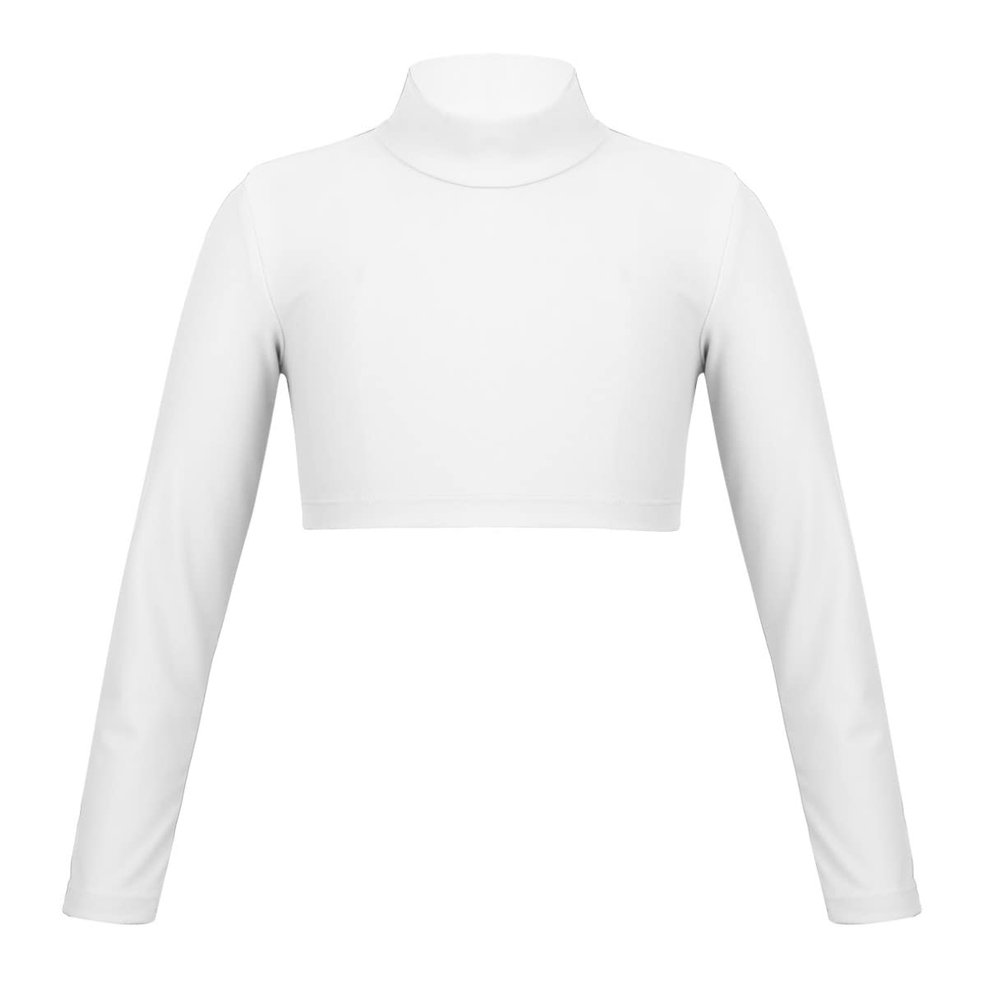 Agoky Kids Girls Basics Sportswear Athletic Long Sleeve Stretch Short Polo Neck T-Shirt Crop Top Ivory 14