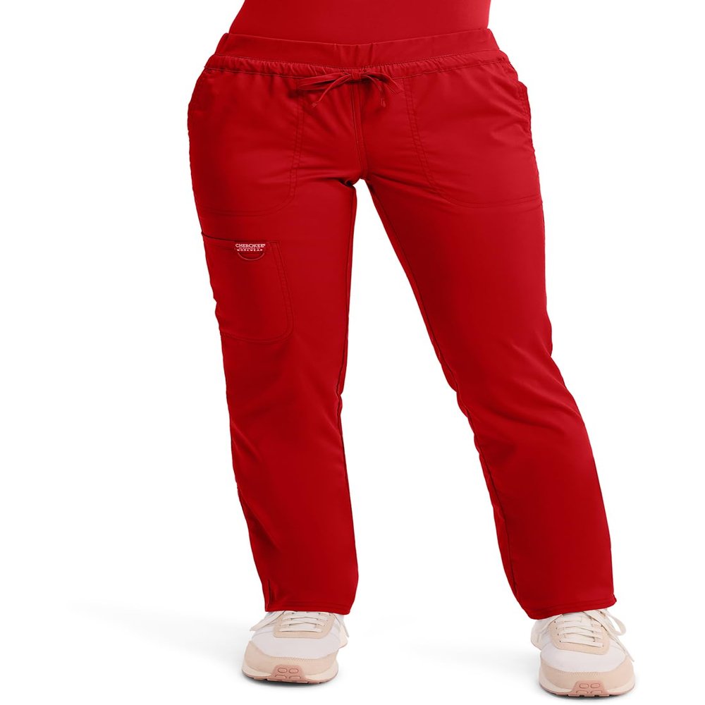 Cherokee Scrubs for Women Mid Rise Tapered Leg Drawstring Pant with 5 Pockets, Cargo Bottom with 2 Way Stretch Fabric - WW105P, S Petite, Red