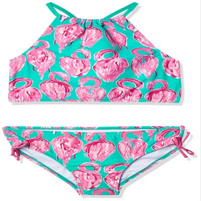 Kanu Surf Girls' Big Hallie Flamingo Halter Tankini Beach Sport 2-Piece Swimsuit, Green, 12