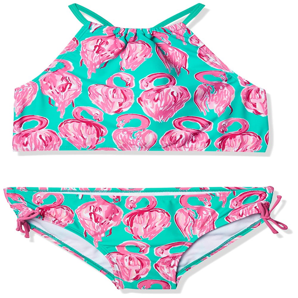 Kanu Surf Girls' Big Hallie Flamingo Halter Tankini Beach Sport 2-Piece Swimsuit, Green, 12