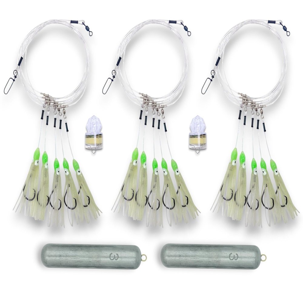Deep Drop Glow Squid Rig Bundle - 3 Rigs, 2 Deep Drop Lights, 2 Deep Drop Weights (3lb Weights)