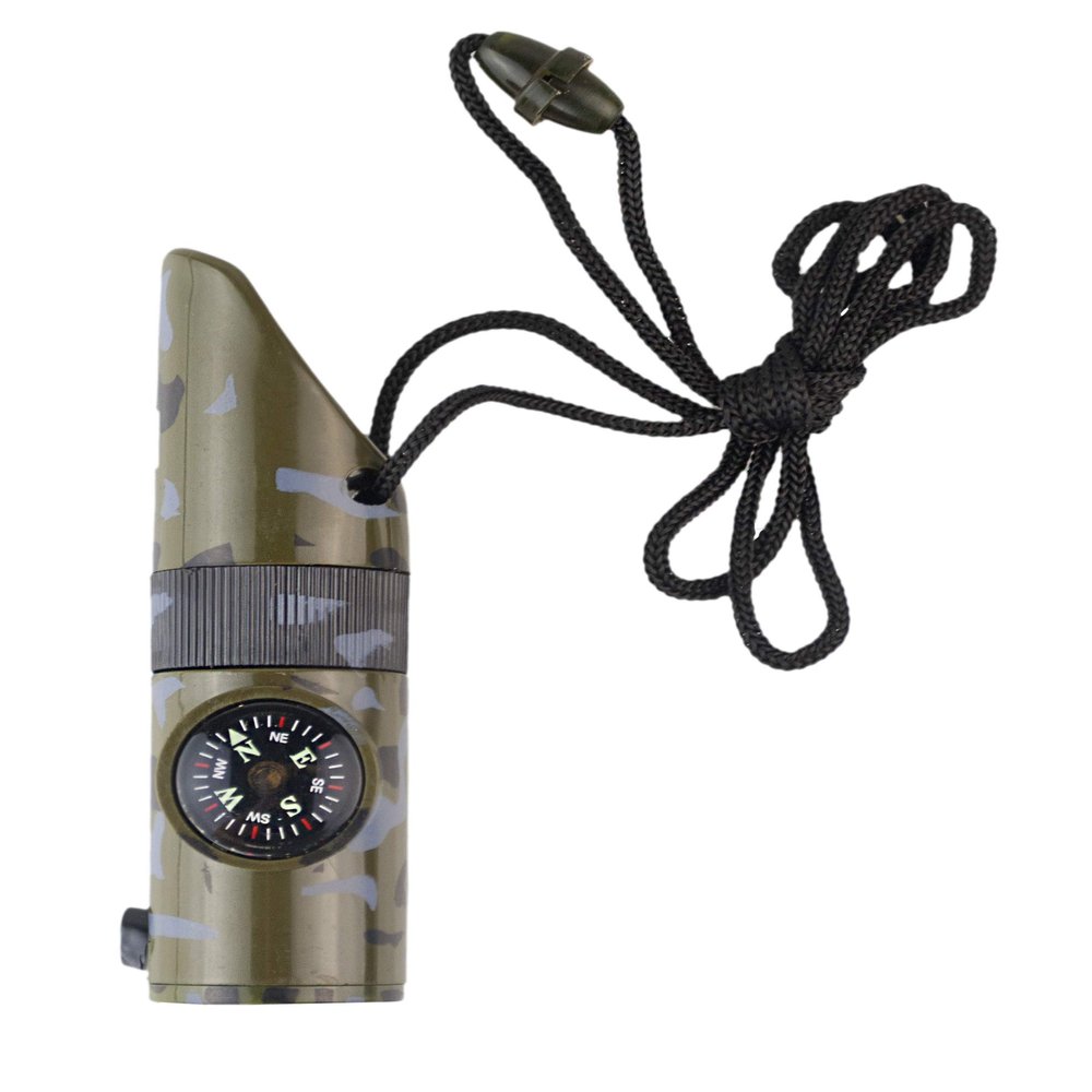 ADROIT 6 in 1 Survival Whistle | Compact Design 1" (2.5 cm) x 4" (10.2 cm) | LED, Compass, Thermometer & More | Camouflage | 35" (88.9 cm) Lanyard | Essential for Adventure & Safety