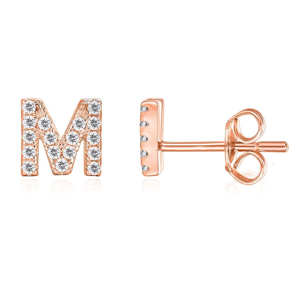 PAVOI CZ Initial Stud Earrings for Women, 925 Silver, Rose Gold, Size 1, M