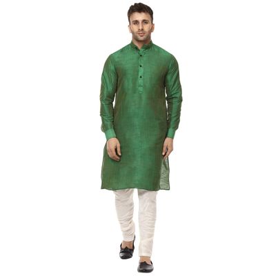 Veera Paridhaan Men Silk Plain Chinese Collar Kurta With Payjama (Green-white, 2XL-44)