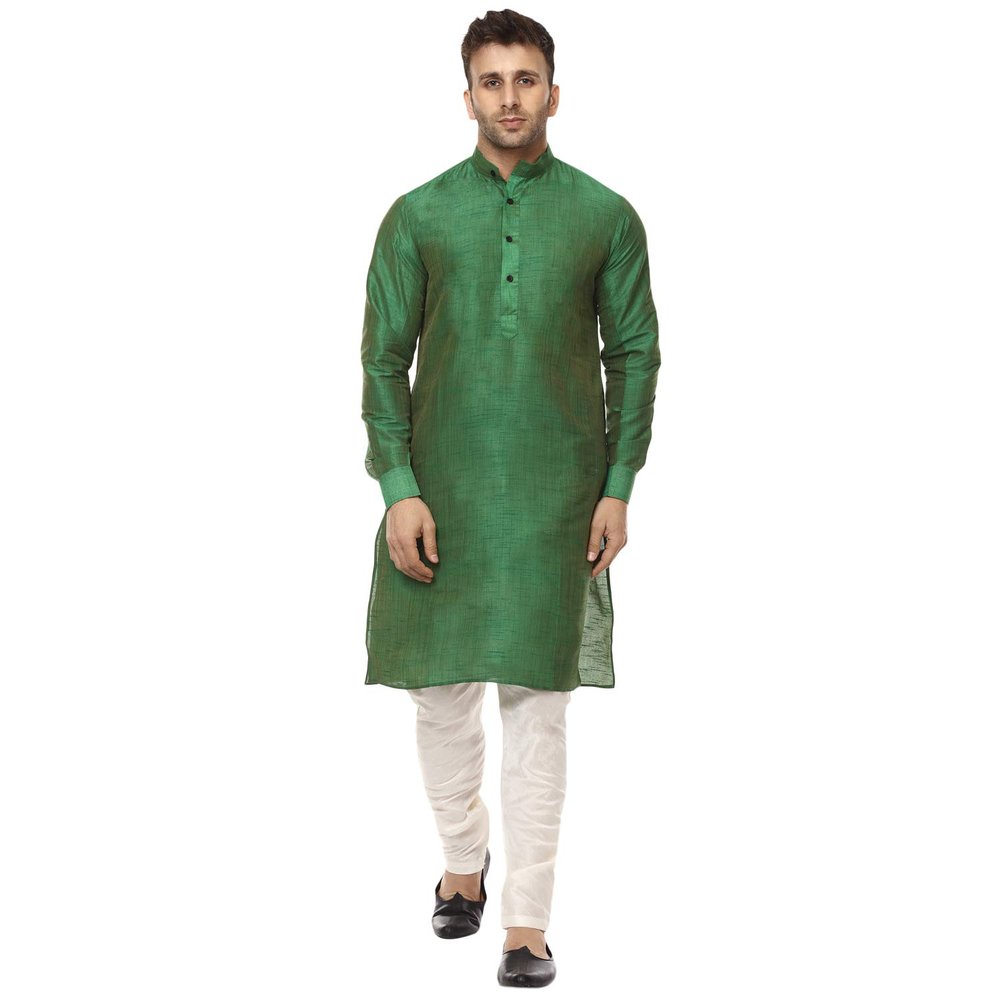Veera Paridhaan Men Silk Plain Chinese Collar Kurta With Payjama (Green-white, 2XL-44)