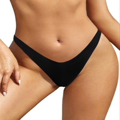 SHEKINI Women's Thong Bikini Bottom High Cut V Cheeky Brazilian Swimsuit Bottom(Manhattan Black, Small)