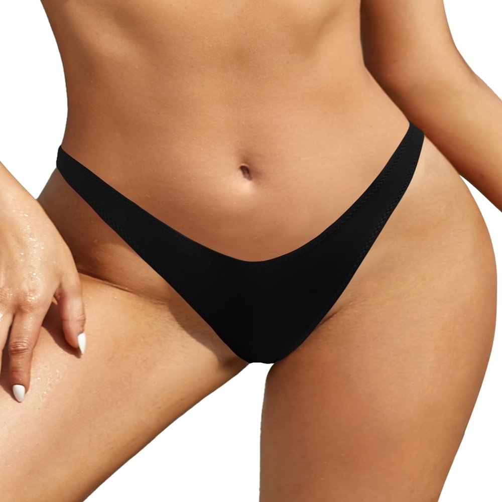 SHEKINI Women's Thong Bikini Bottom High Cut V Cheeky Brazilian Swimsuit Bottom(Manhattan Black, Small)