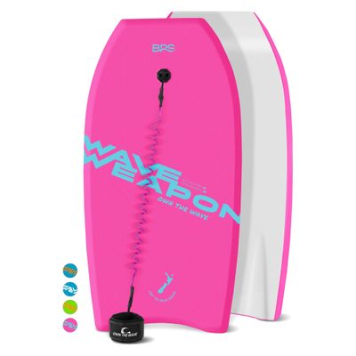 Own The Wave 37" Bodyboard with Coiled Leash and Swim Fin Straps - HDPE Slick Bottom and EPS Core - Body Board for Kids and Adults - Perfect for Surfing and Beach (Pink / Mint Green)