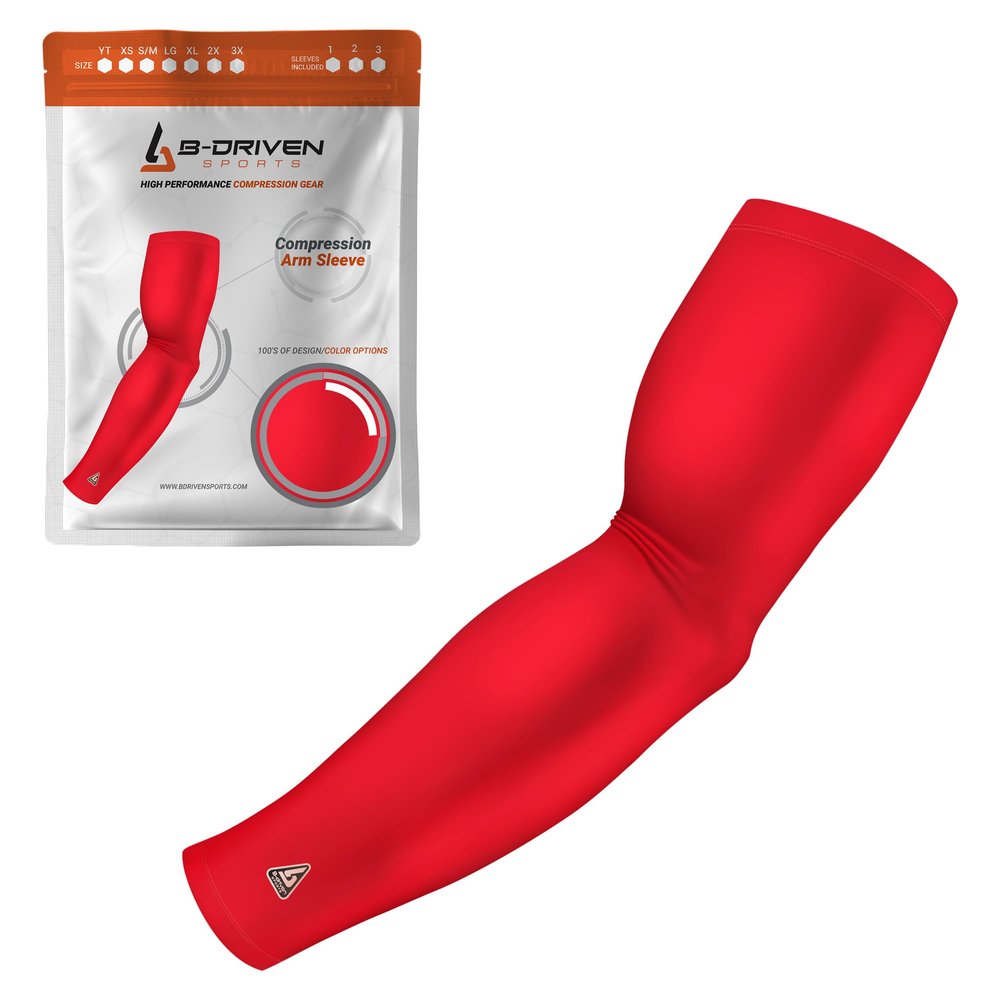 B-Driven Sports Pro-Fit Compression Arm Sleeve - Athletic Sports Support for Baseball, Basketball, Football, Softball, Running, Volleyball, Men, Women, Youth - RedMLB XXXX-S (Youth S) (1pc)