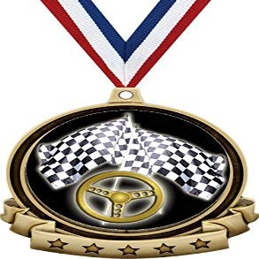 Racing Medals - 2.5" Gold Street Race Steering Wheel Medal Award Includes Red White and Blue Neck Ribbon, Great Auto Awards 100 Pack Prime