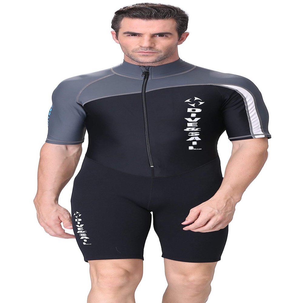 Men 1.5mm Shorty Wetsuit Quick Dry One Piece Swimmsuit Sun Protection Rash Guard Diving Skin L Grey
