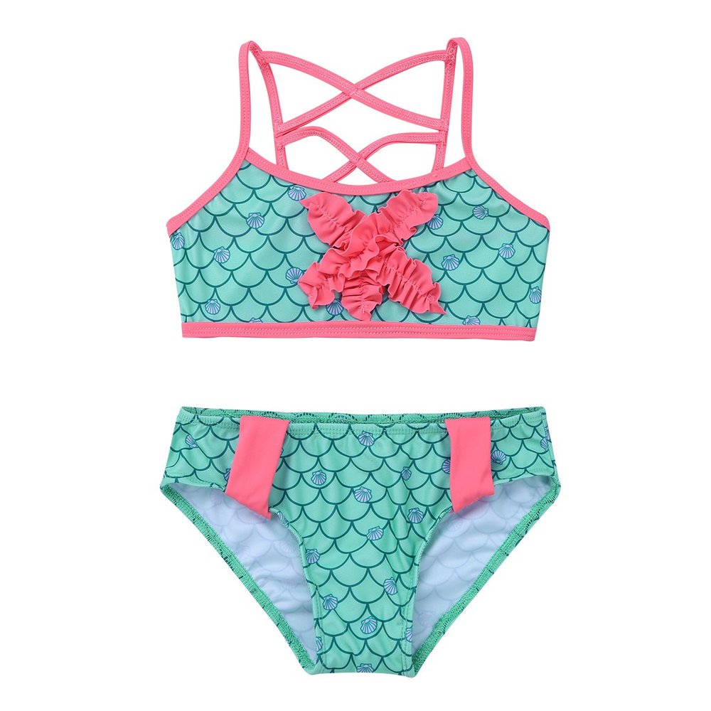 Alvivi Kids' Girls' Two-Piece Mermaid Tankini Swimsuit Bathing Suit Starfish Bra Tops with Swim Briefs Set Light Green 2-3