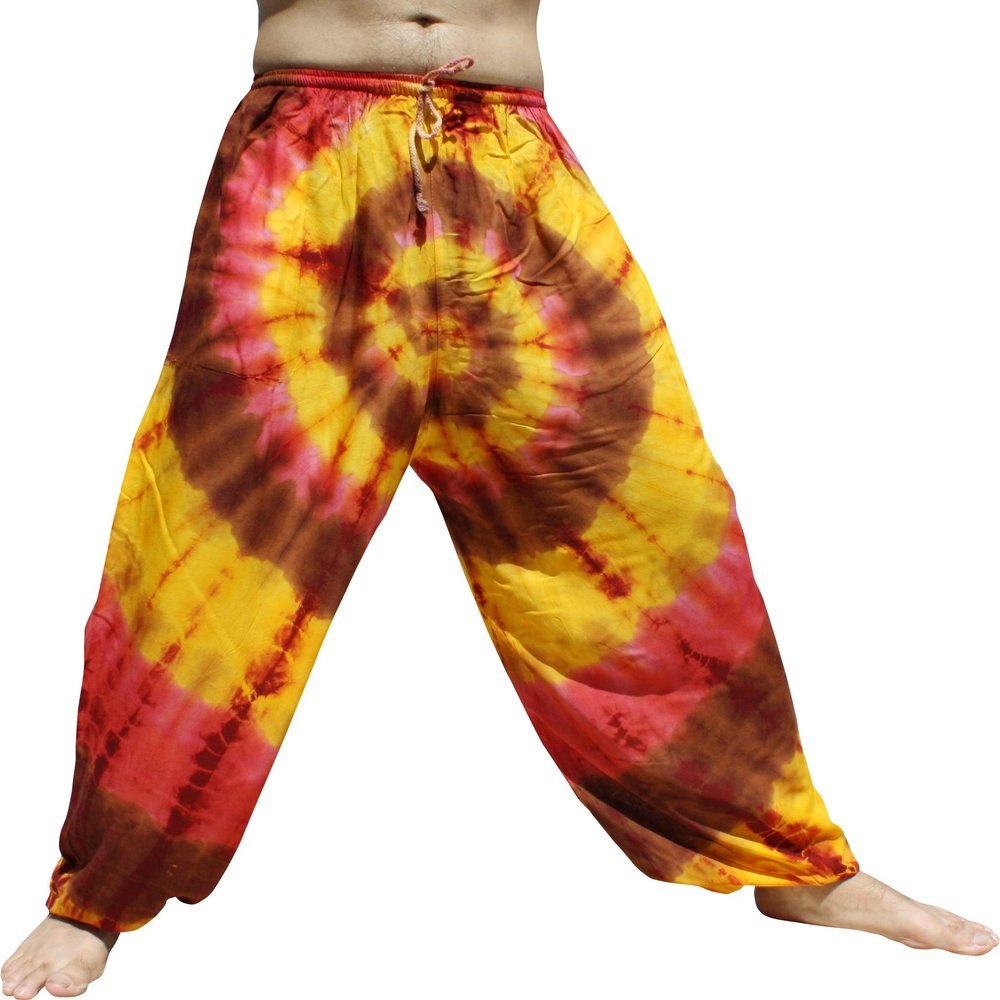 Full Funk Wide Breezy Leg Rayon Tie Dyed Elastic Waist Thin Summer Pants, X-Large, Yellow Brown