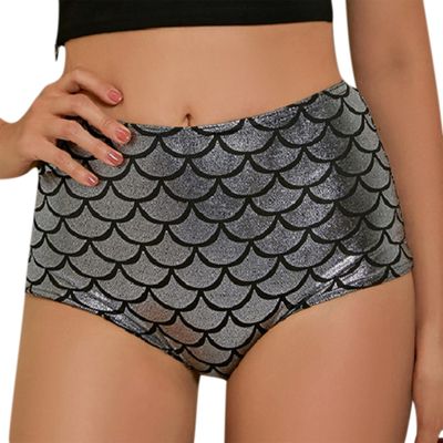 ANKOMINA Women High Waisted Holographic Mermaid Scale Print Booty Shorts Bottoms Silver