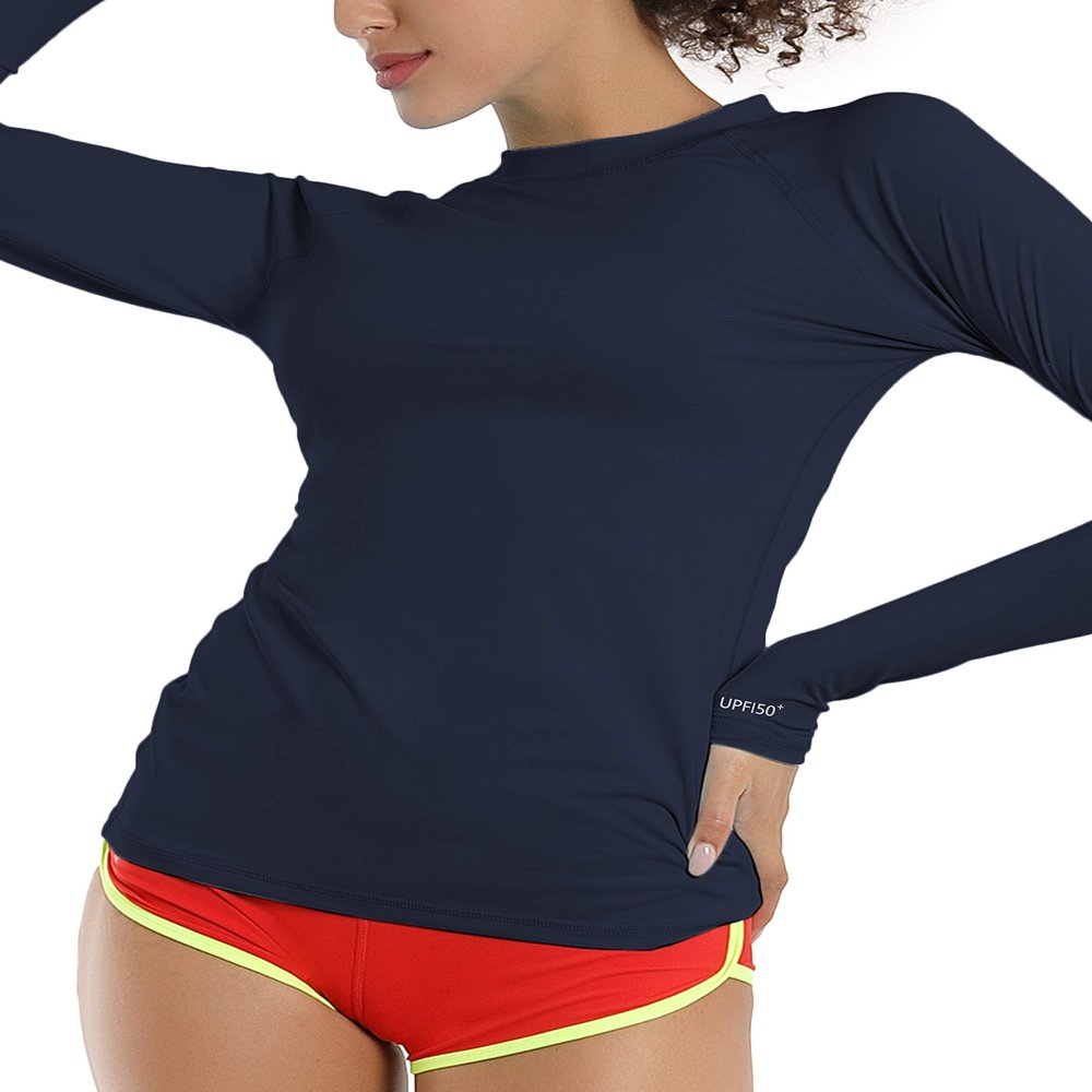 BUBBLELIME Long/Short Sleeve Rashguard for Women UPF 50+ Sun Protection - Basic Long Sleeve_DARKNAVY Large_BWST001