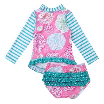Alvivi Baby/Toddler Girls Long Sleeve Rash Guard 2-Piece Swimsuit Shirt Top with Ruffle Bloomers UPF 50+ Sun Protection Pink & Blue 18-24 Months