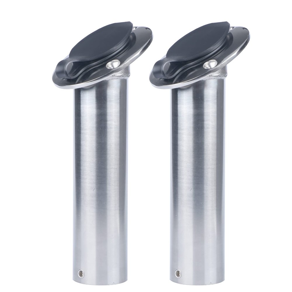 2Pcs Stainless Steel Fishing Rod Holders for Boat, Flush Mount Boat Rod Holder 15 Degree with PVC Caps & Inner Tubes Heavy Duty & Solid Casting