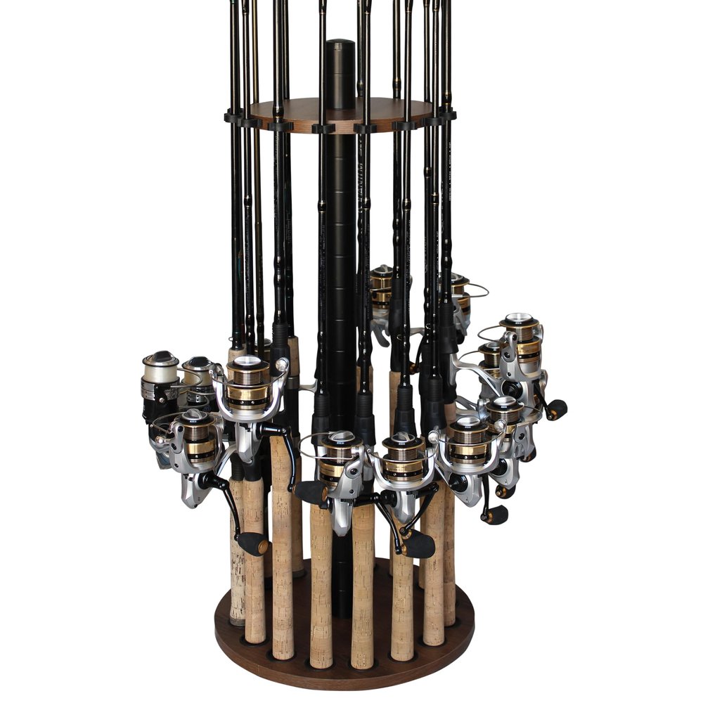 Rush Creek Creations | Round Rod Holder for 16 Freshwater Poles, Gear, and Accessories | Fishing Rack With 16 Rod Clips for Garage Organization