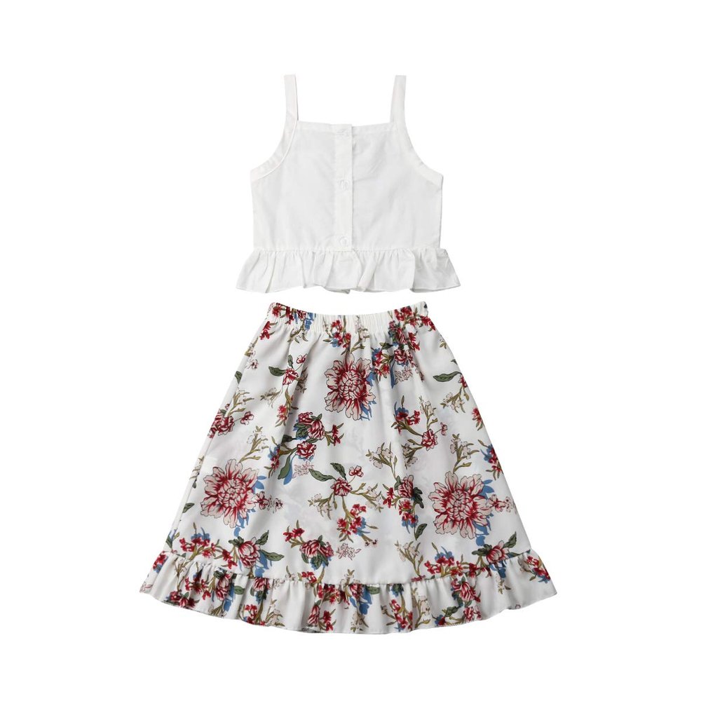 Infant Kid Baby Girls Strap Tops Sleeveless Ruffled Crop Top T-Shirt Floral Skirt 2Pcs Summer Outfit Clothing (3-4Y, White)