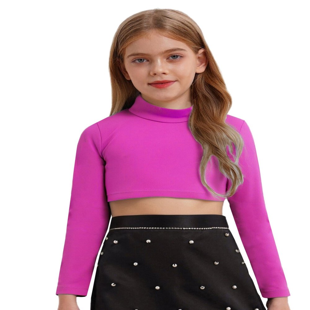 dPois Kids Girls Dance Crop Tops Long Sleeve High Neck Shirts Hip Hop Jazz Dancewear Gymnastcis T Shirt Streetwear Rose_Red 12